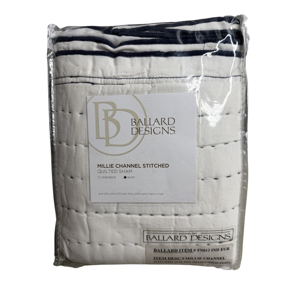 Ballard Designs Millie Euro Sham 26x26 Ivory Navy Quilted Linen Coastal NIP